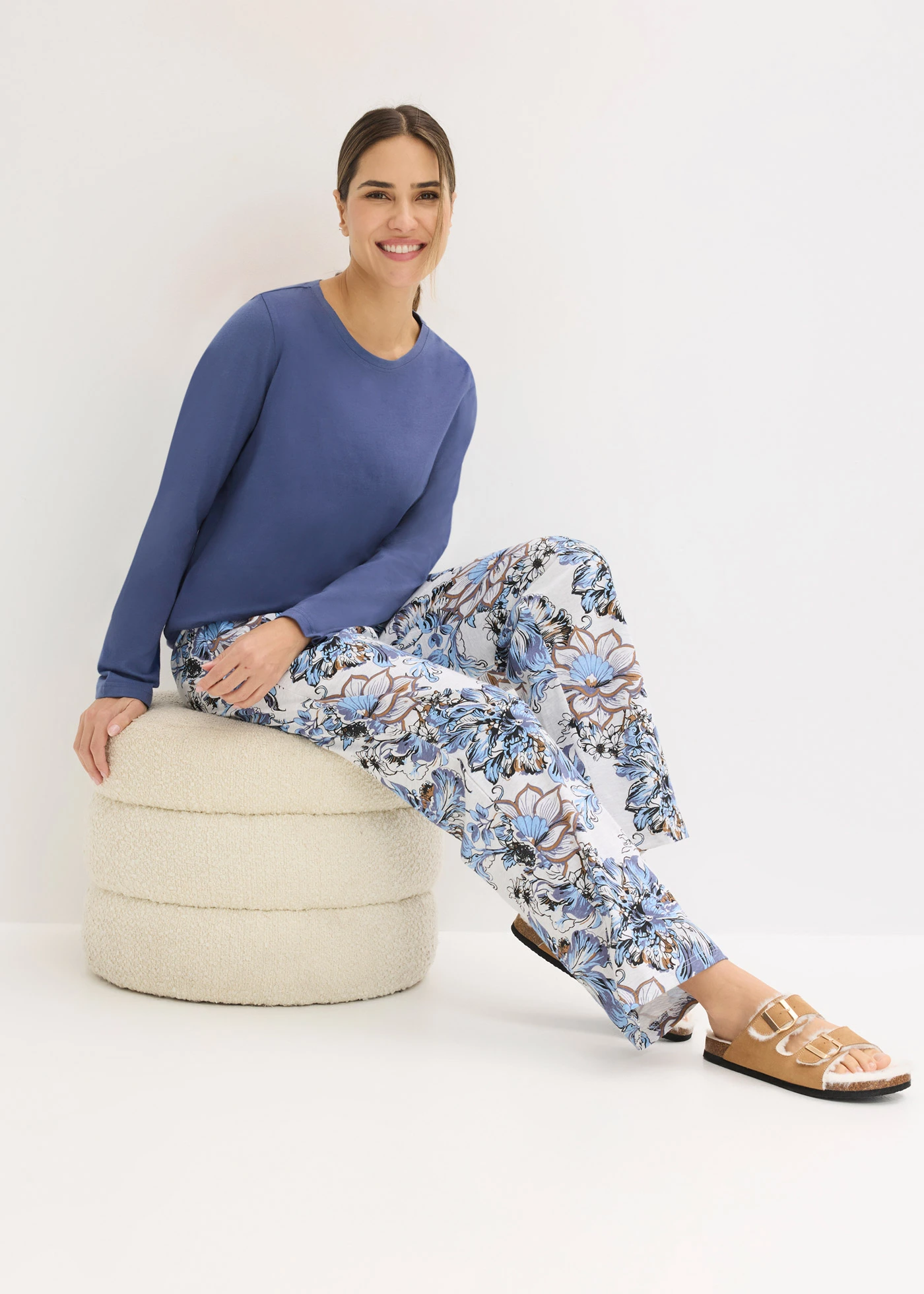 Pijama din bumbac moale • albastru blugi-bej natur melanj • magazin bonprix