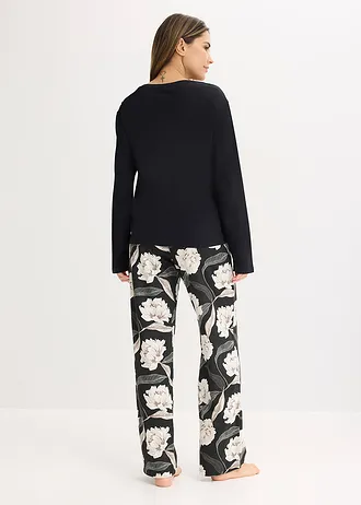 Pijama cu viscoză, pantaloni largi • negru înflorat • magazin bonprix