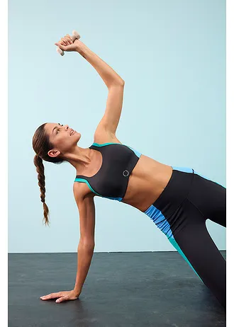 Soutien-gorge de sport rembourré, maintien modéré, Couleur: noir-émeraude-bleu brillant