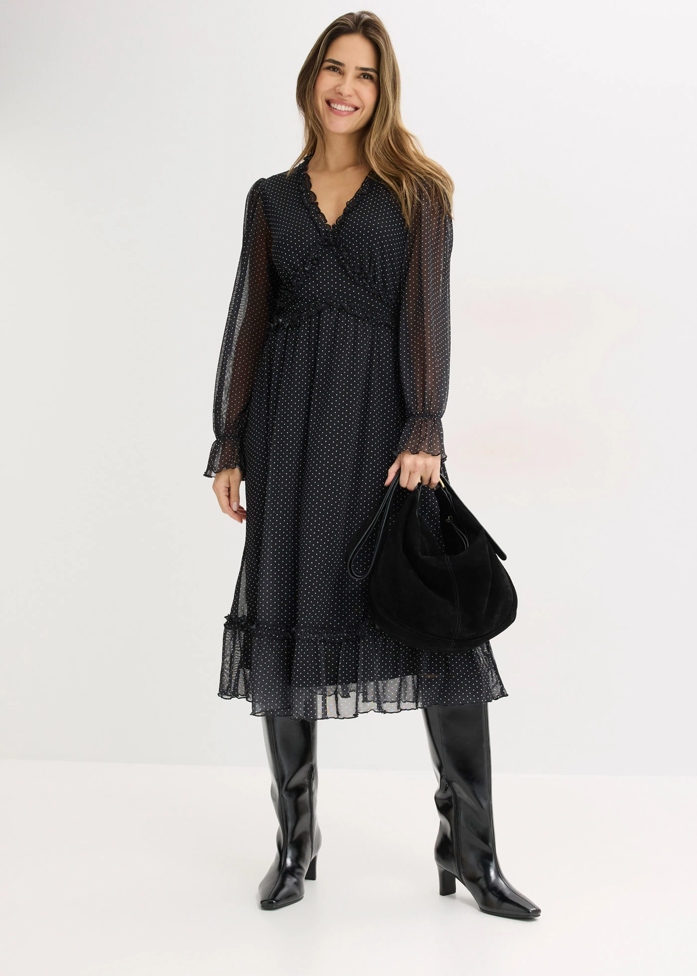 Midi jurk van mesh • zwart met witte stippen • bonprix online shop