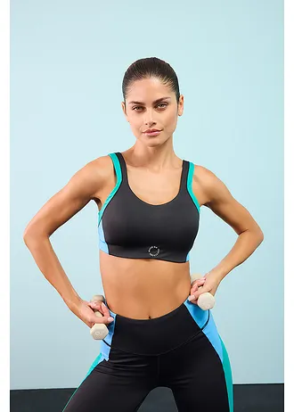 Soutien-gorge de sport rembourré, maintien modéré, Couleur: noir-émeraude-bleu brillant