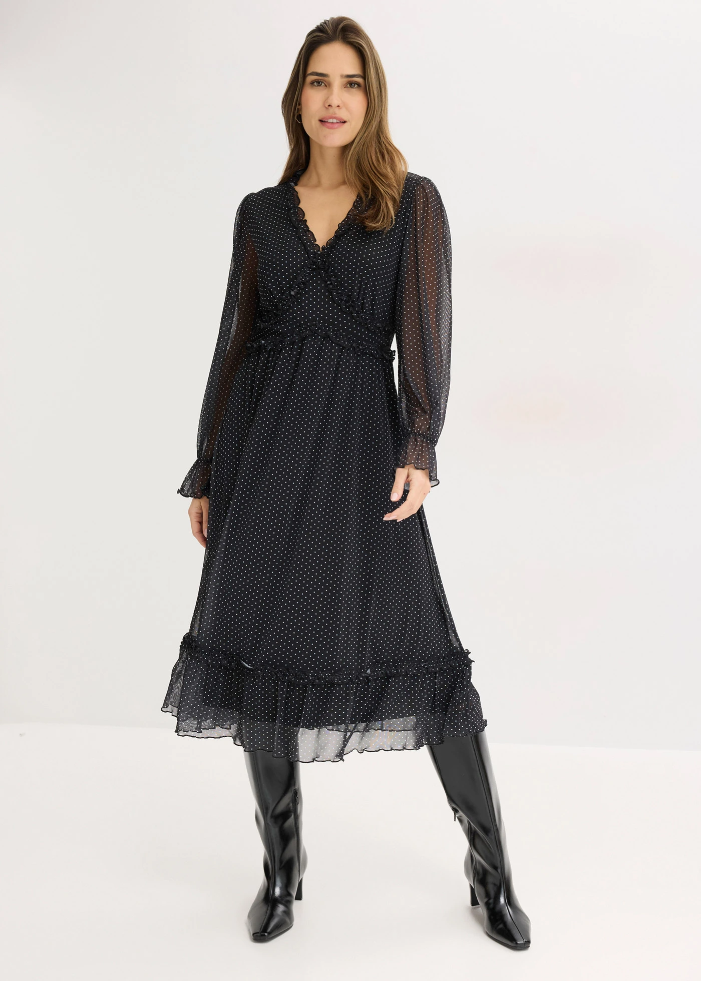 Midi jurk van mesh • zwart met witte stippen • bonprix online shop