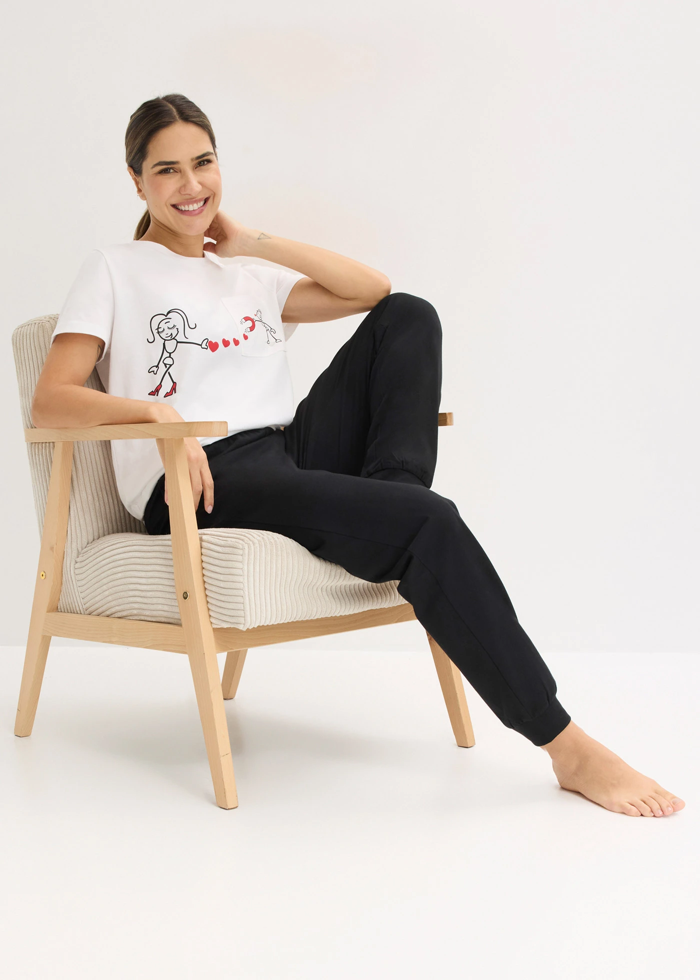 Pyjama van zacht katoen • wit-zwart met print • bonprix online shop