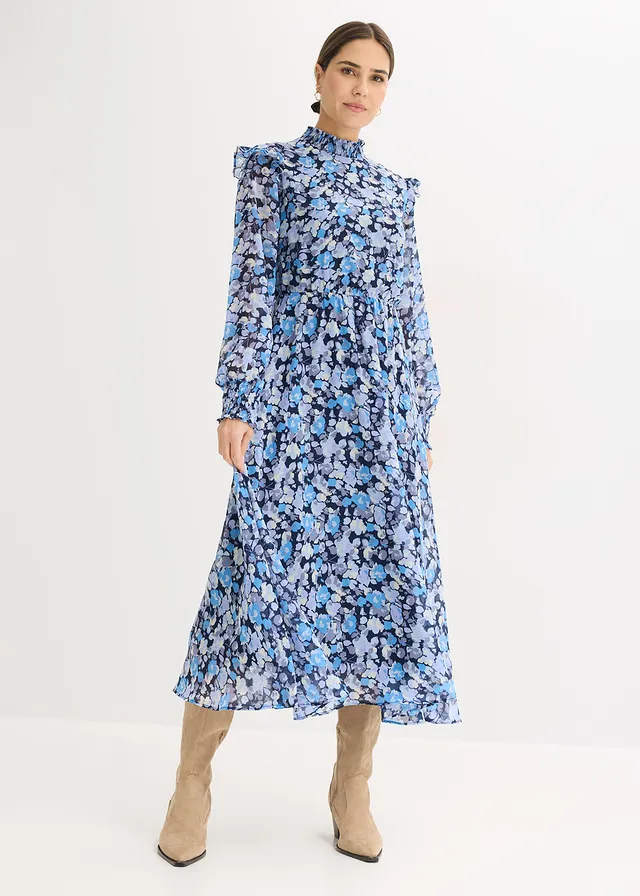 Jurk van chiffon met opstaande kraag • blauw gebloemd • product-page.page-title-suffix