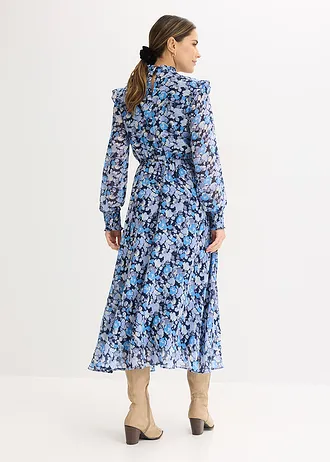 Blouse en mousseline à col montant, Couleur: bleu floral