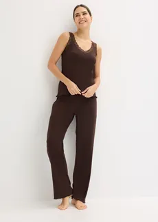 Pijama din material ripsat cu top din dantelă • maro închis • magazin bonprix