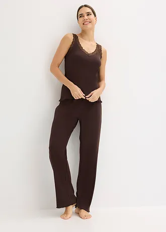 Pyjama côtelé avec top à dentelle • marron foncé • Boutique bonprix