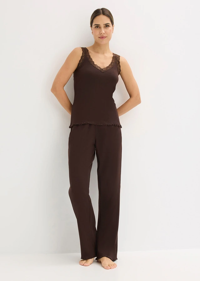 Geribde pyjama met kanten top, Kleur: donkerbruin