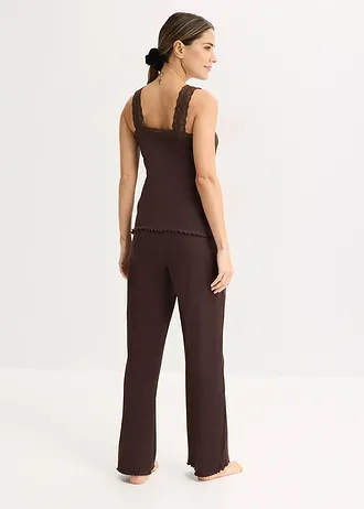 Geribde pyjama met kanten top • donkerbruin • bonprix online shop