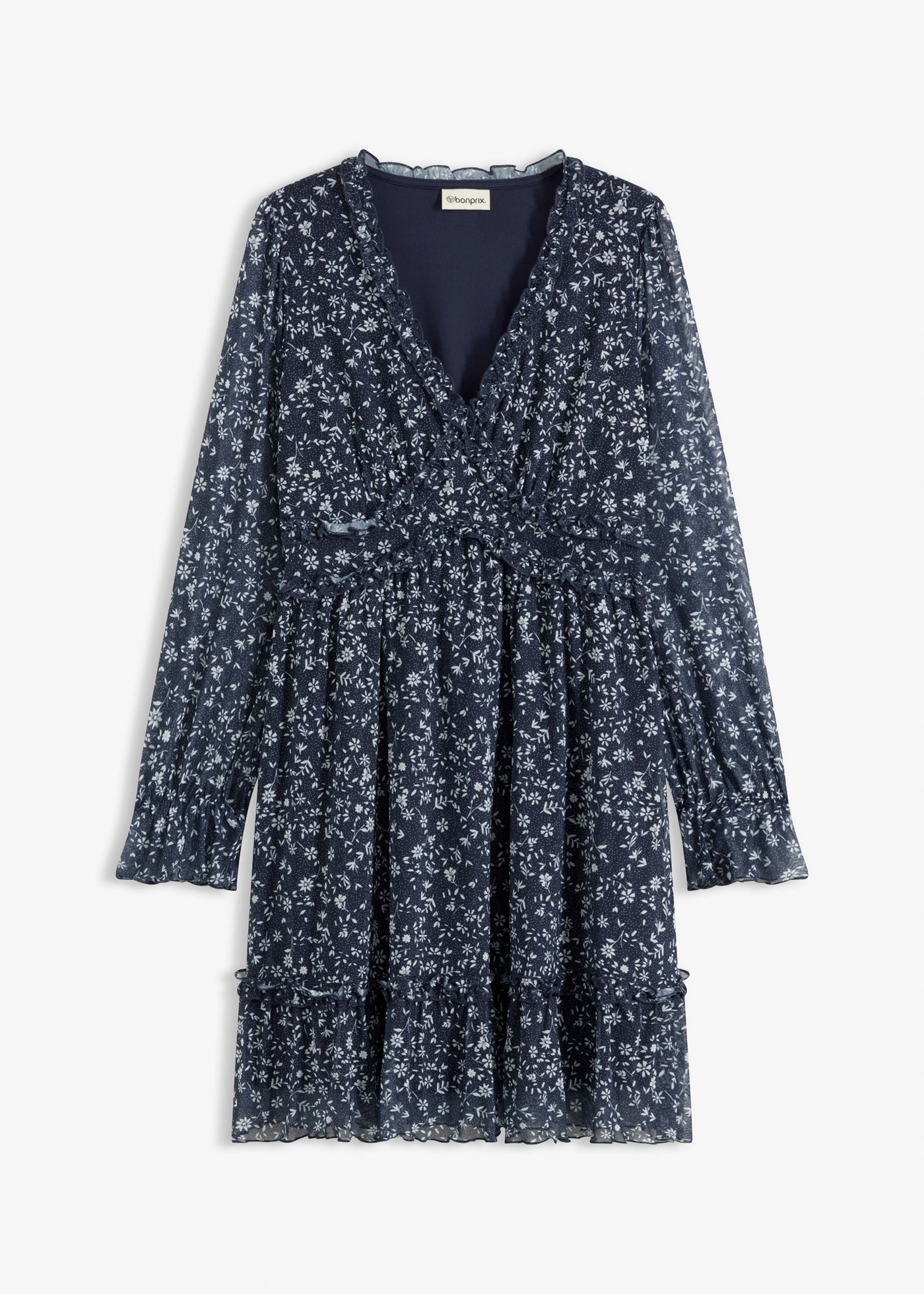 Mini jurk van fijn mesh • donkerblauw/wit gebloemd • bonprix online shop