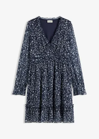 Mini jurk van fijn mesh • donkerblauw/wit gebloemd • bonprix online shop