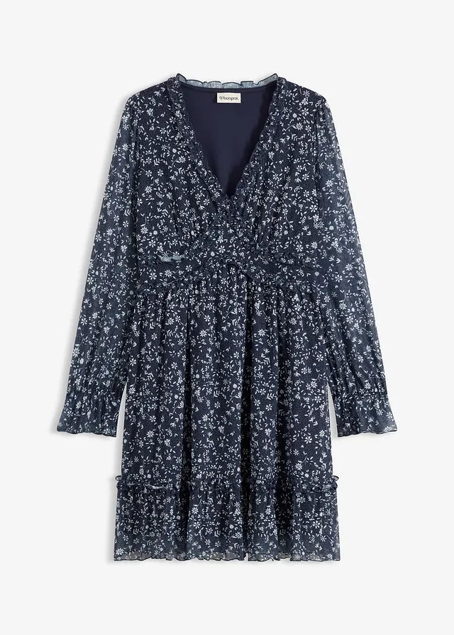 Robe courte en mesh • bleu foncé/blanc à fleurs • Boutique bonprix