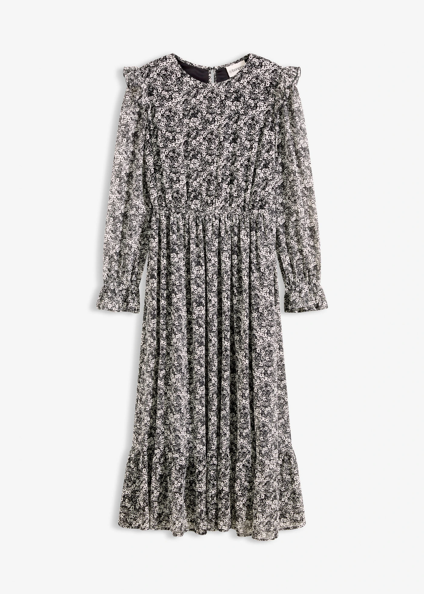 Rochie midi cu volane • negru/alb floral • magazin bonprix