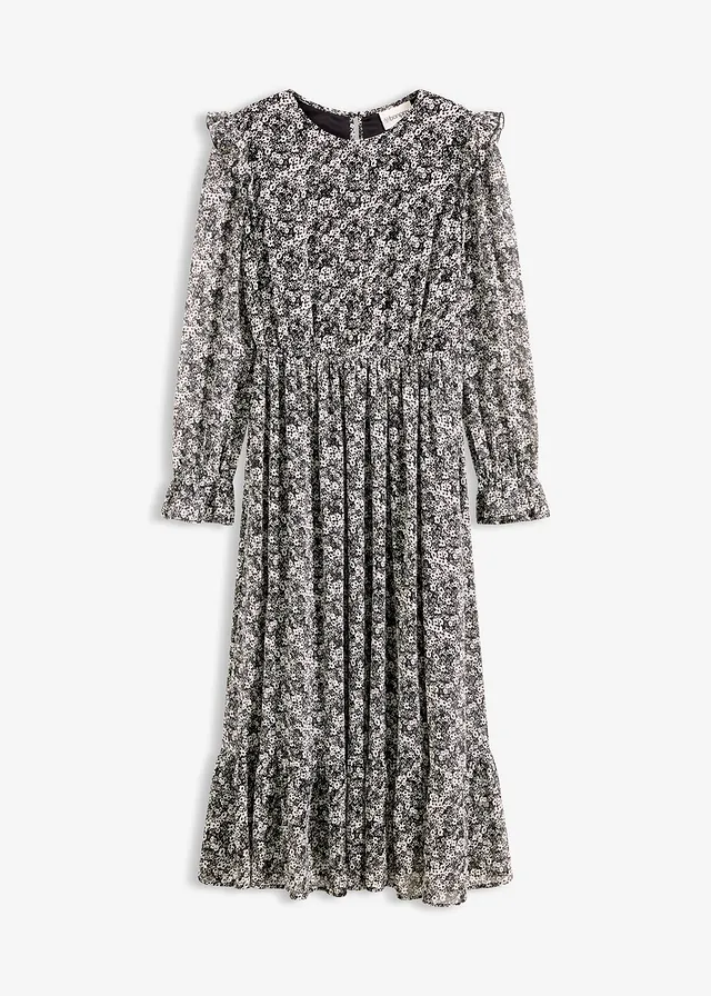 Robe midi à volants, Couleur: noir-blanc floral