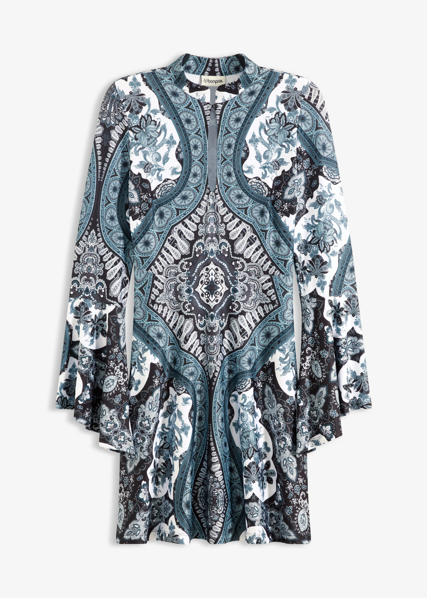 Jersey jurk met opstaande kraag en volantmouwen • zwart/wit/donkergroen gedessineerd • bonprix online shop