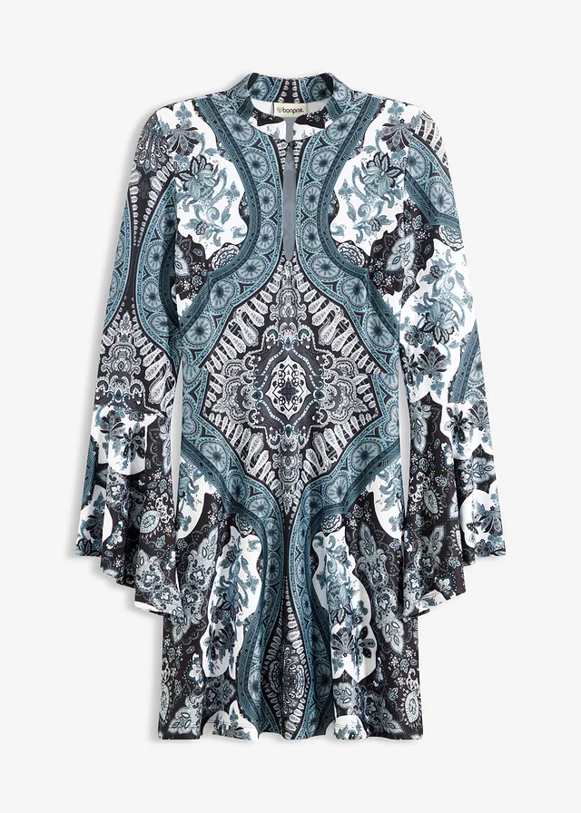 Rochie jerse cu mâneci cu volane la capete • negru/alb/verde închis cu imprimeu • magazin bonprix