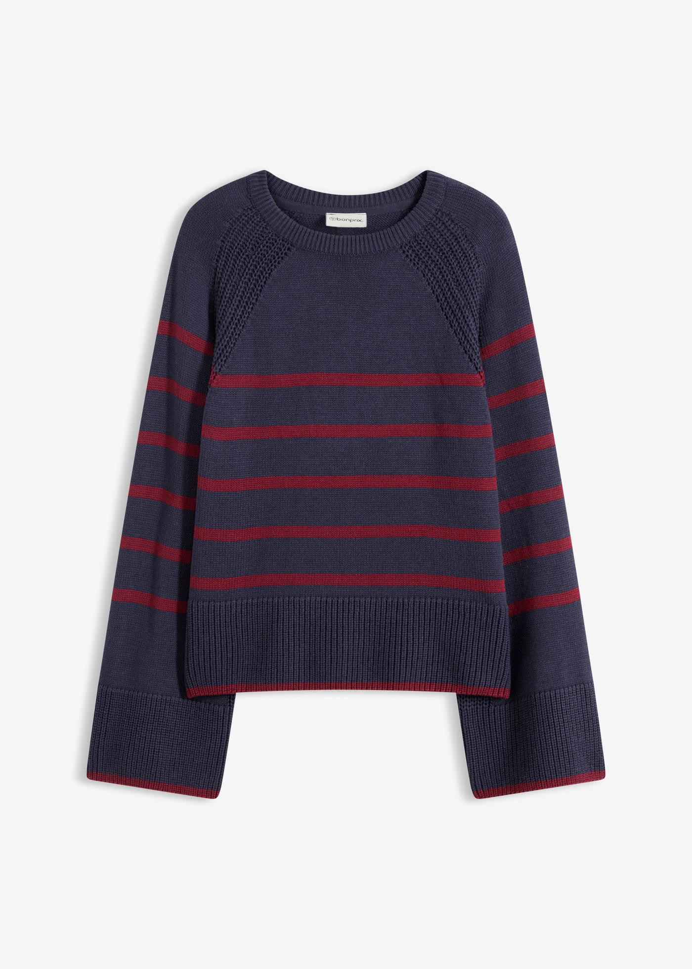 Pulover cu dungi în contrast • bleumarin/roșu-rubiniu cu dungi • magazin bonprix