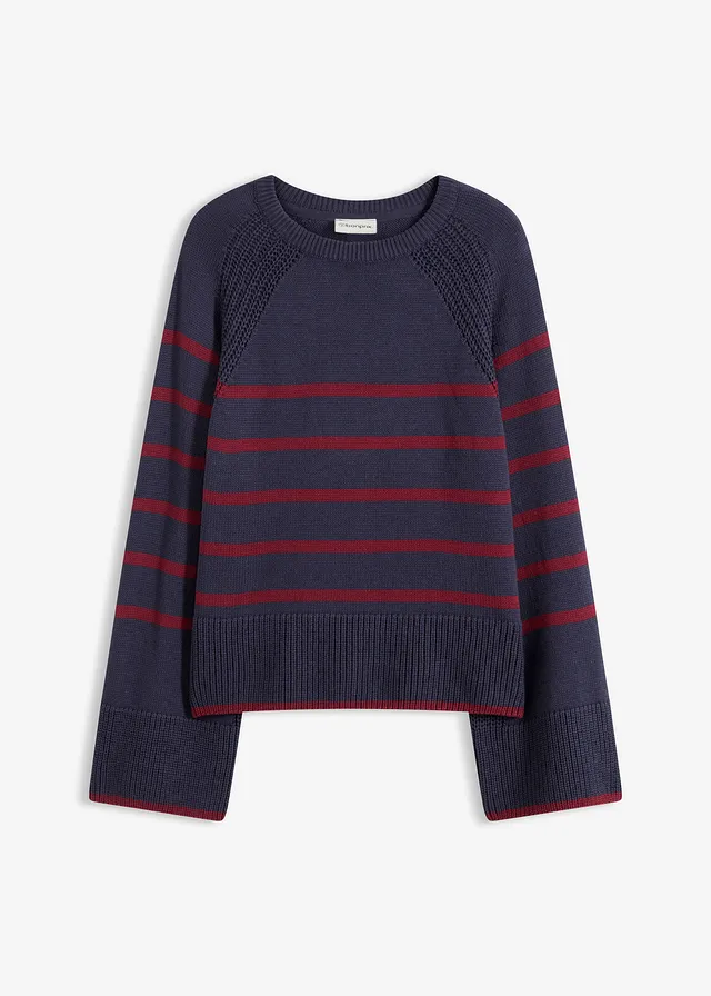 Pull à rayures contrastantes, Couleur: bleu foncé-rouge rubis rayé