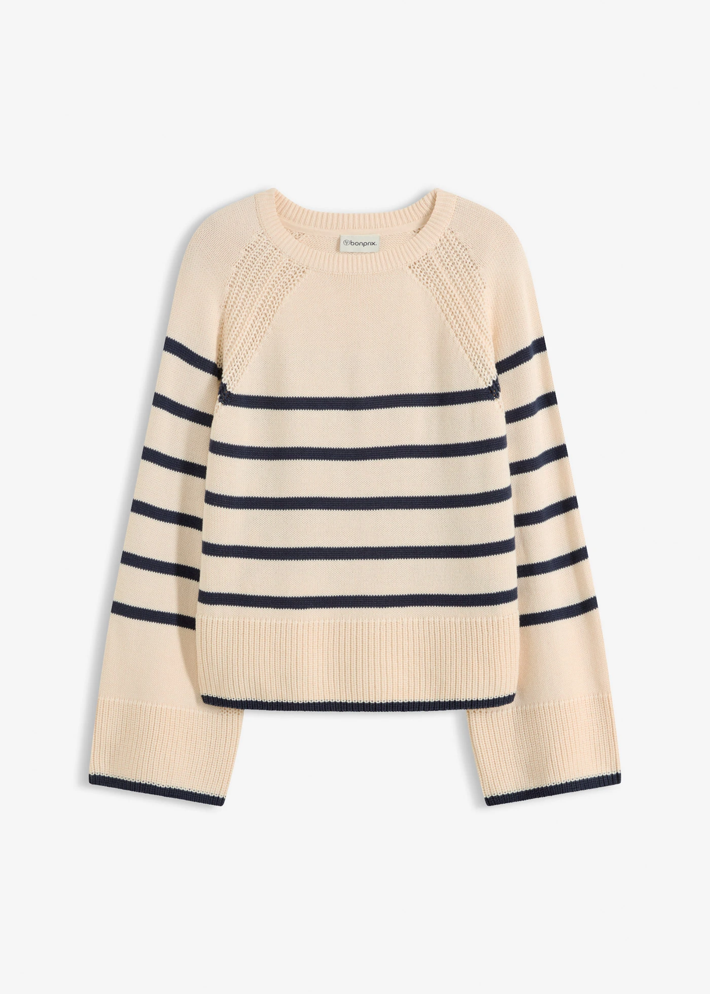 Pulover cu dungi în contrast • alb perlat/bleumarin cu dungi • magazin bonprix