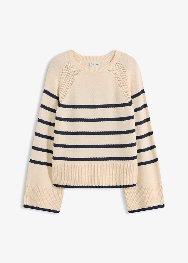 Pulover cu dungi în contrast • alb perlat/bleumarin cu dungi • magazin bonprix