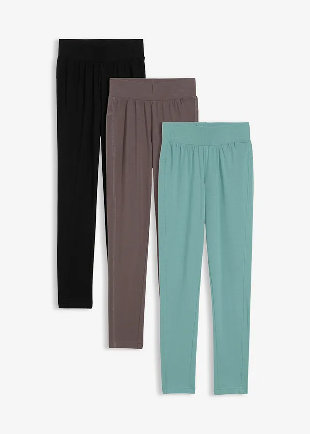 Lot de 3 leggings en coton extensible, Couleur: vert mousse+noir+anthracite
