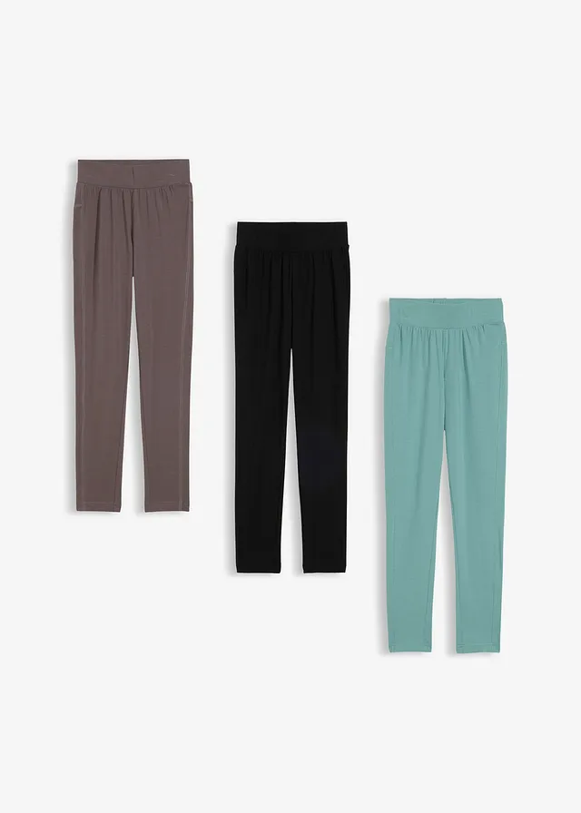 Lot de 3 leggings en coton extensible, Couleur: vert mousse+noir+anthracite