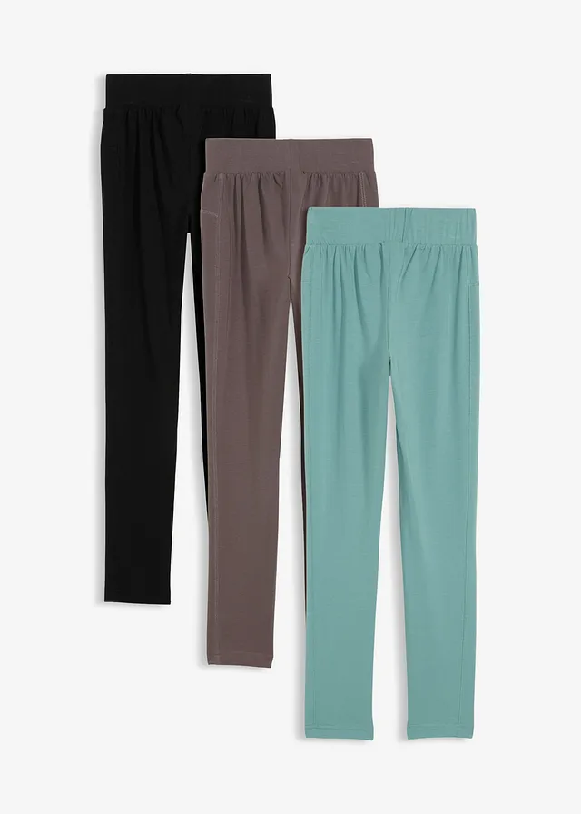 Lot de 3 leggings en coton extensible, Couleur: vert mousse+noir+anthracite