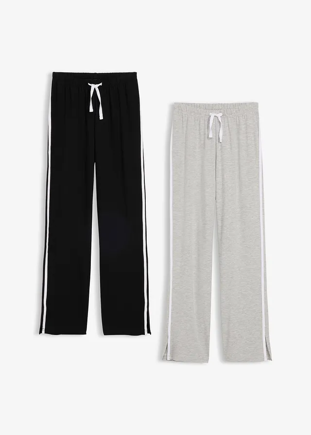 Lot de 2 pantalons en jersey de coton extensible, Couleur: noir+gris clair chiné