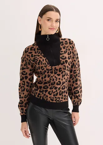 Pulóver s golierom na zapínanie • čierna-hnedá-leopard • obchod bonprix