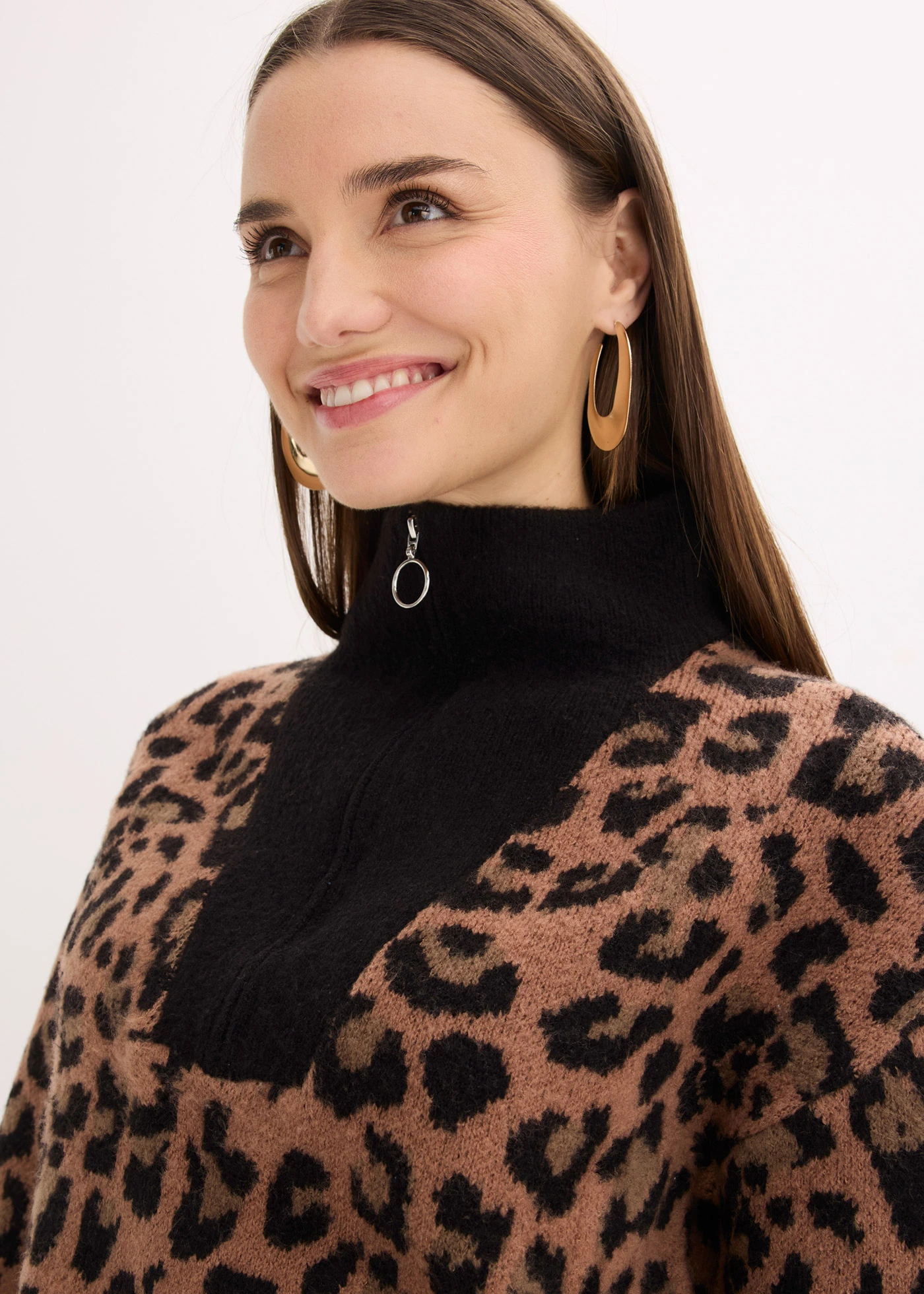 Pulóver s golierom na zapínanie • čierna-hnedá-leopard • obchod bonprix