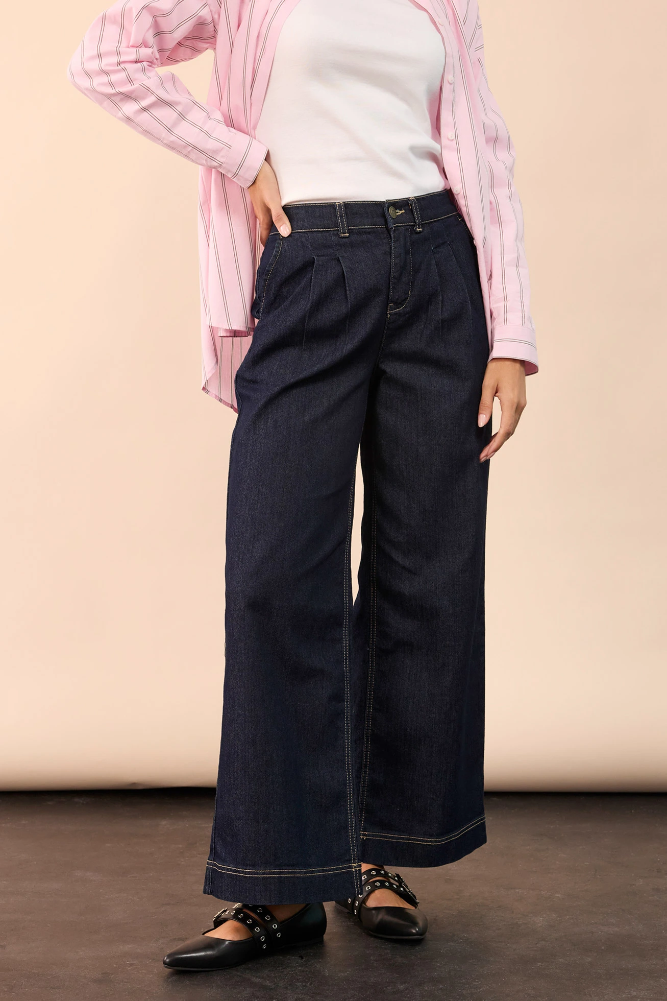 Jean large à taille haute élastiquée • denim bleu foncé • Boutique bonprix