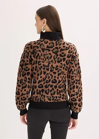 Pulóver s golierom na zapínanie • čierna-hnedá-leopard • obchod bonprix