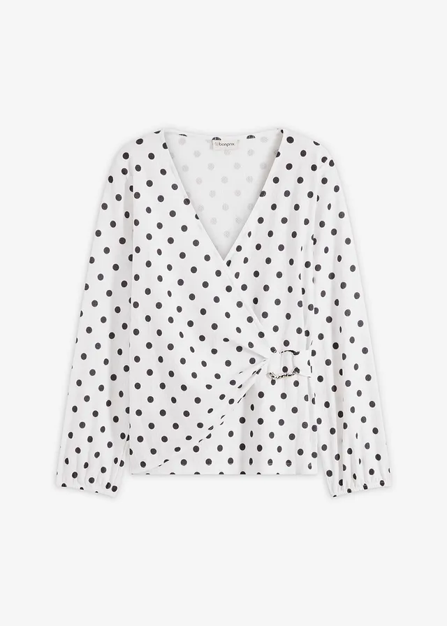 Bluză cu mânecă lungă din jerse texturat • alb/negru cu puncte • magazin bonprix