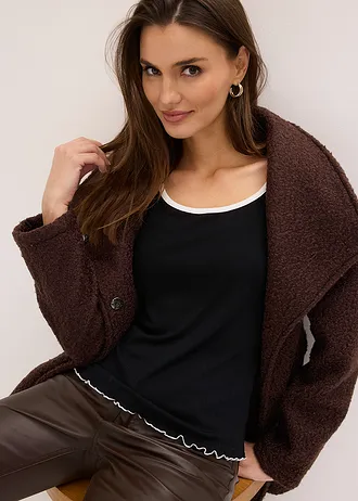 Geribd longsleeve met strikdetail • zwart met wolwit • bonprix online shop