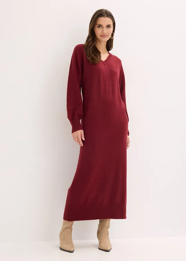Gebreide oversized midi jurk, Kleur: robijnrood