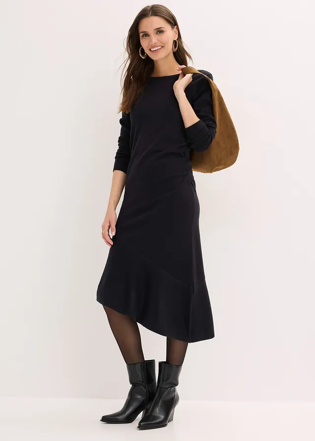 Gebreide jurk met asymmetrische onderrand van katoen en kasjmier • zwart • product-page.page-title-suffix