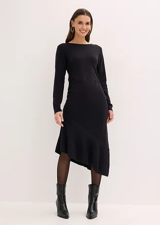 Rochie tricotată cu tiv asimetric, din bumbac și cașmir • negru • magazin bonprix