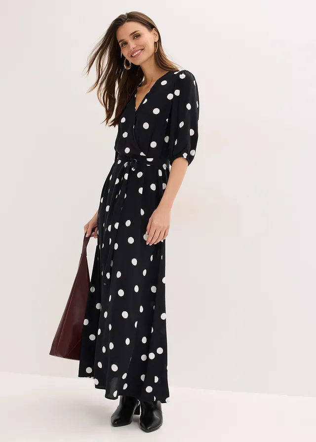 Robe longue et fluide, Couleur: noir pois blanc