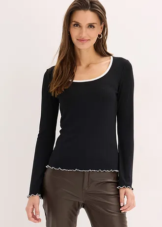 Geribd longsleeve met strikdetail • zwart met wolwit • bonprix online shop