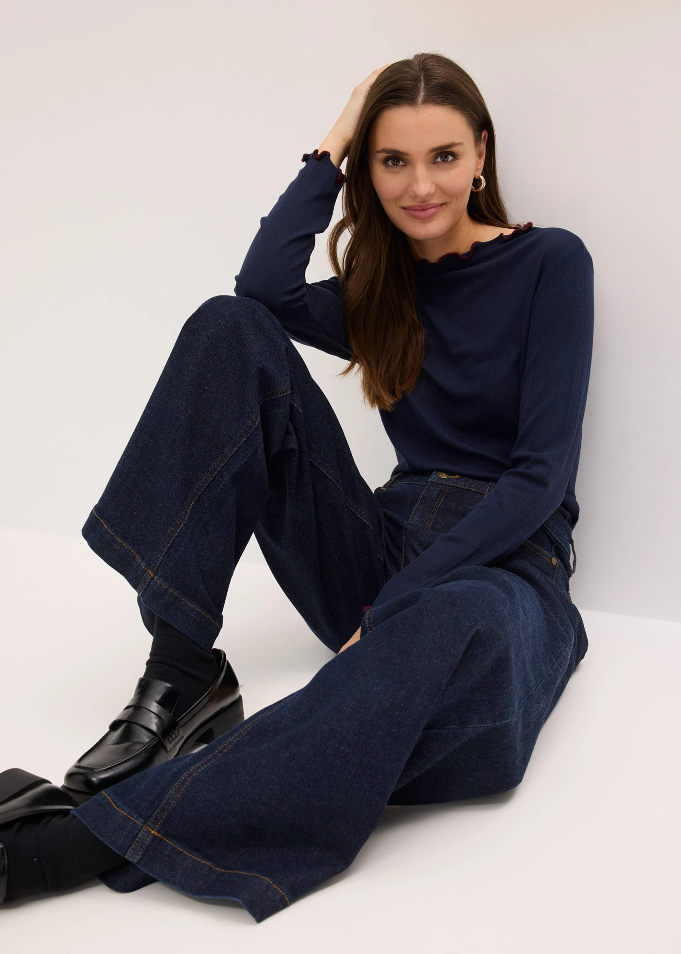 Hosszú ujjú bordás póló • sötétkék-rubinvörös • bonprix áruház