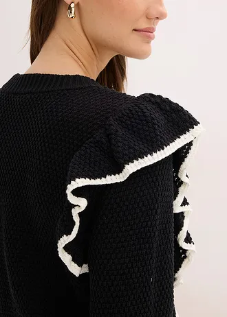 Sweter z cienkiej dzianiny z mieszanki bawełny • czarny + biel wełny • sklep bonprix