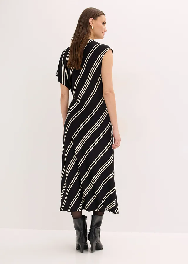 Robe midi en matière douce, Couleur: noir/blanc rayé