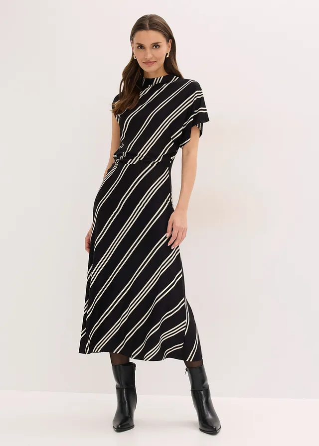 Robe midi en matière douce, Couleur: noir/blanc rayé