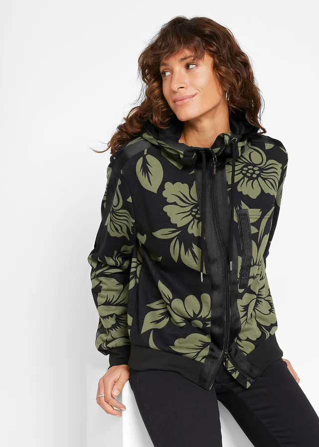 Sweatvest met katoen, Kleur: zwart-groen gebloemd