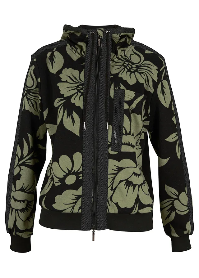 Sweatvest met katoen, Kleur: zwart-groen gebloemd