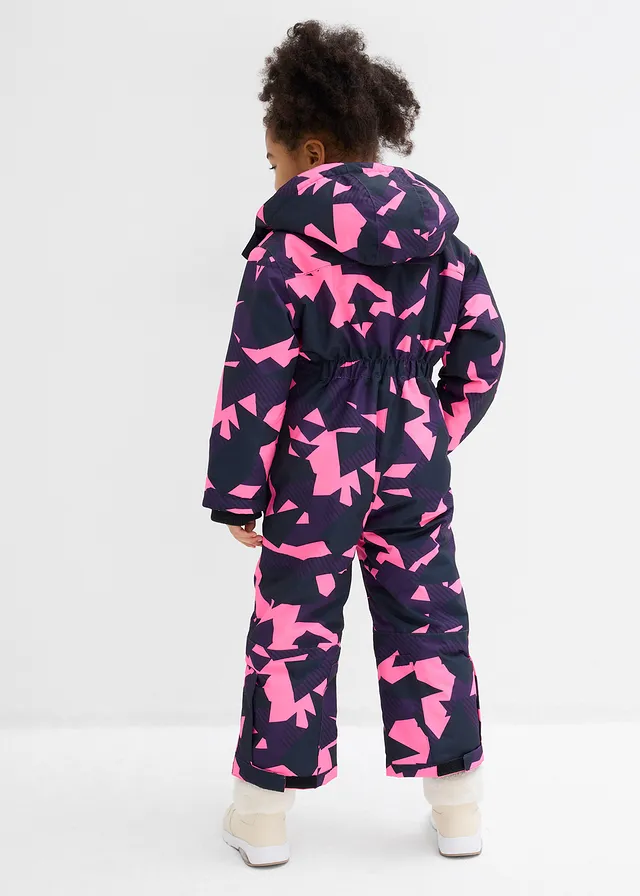 Combinaison de ski déperlante à capuche amovible, Couleur: violet foncé-rose fluo-noir imprimé