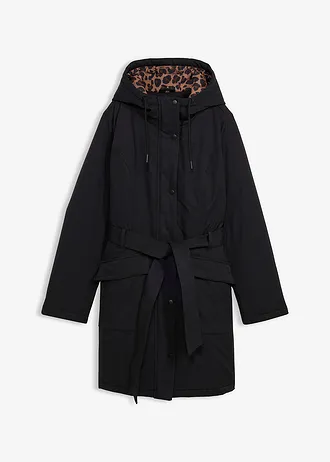 Manteau court déperlant avec ceinture et doublure léopard