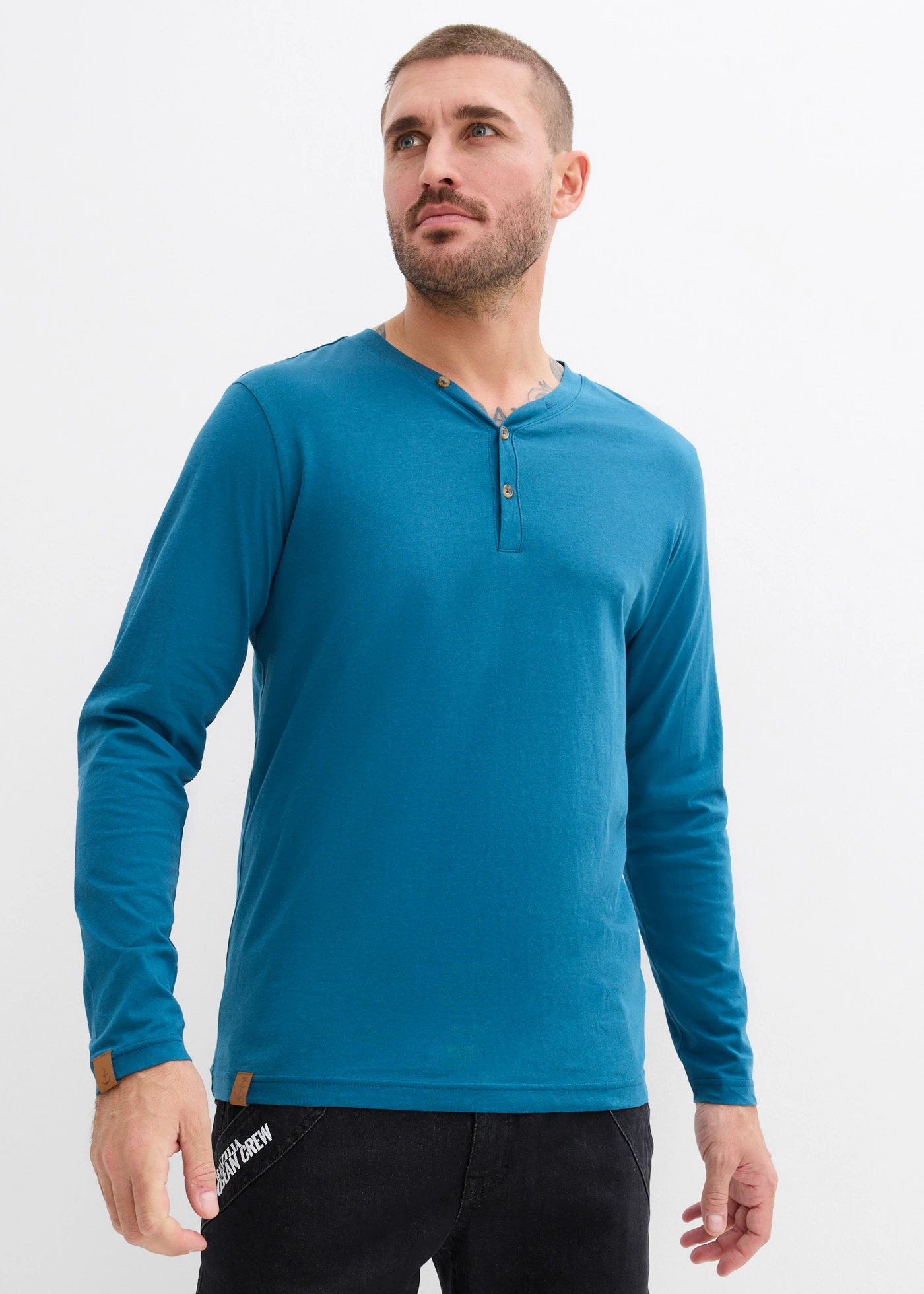 Hosszú ujjú Henley póló (2 db-os csomag), tiszta bio-pamutból • olajkék+szürke melírozott • bonprix áruház