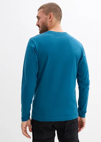 Henley longsleeve van biologisch katoen (set van 2) • blauwpetrol+grijs gemêleerd • bonprix online shop