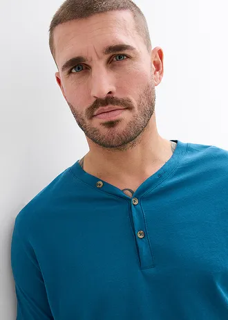 Henley longsleeve van biologisch katoen (set van 2) • blauwpetrol+grijs gemêleerd • bonprix online shop